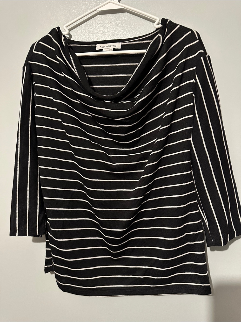 Medium Liz Claiborne Black and White Striped Cowl Neck 3/4 sleeve shirt